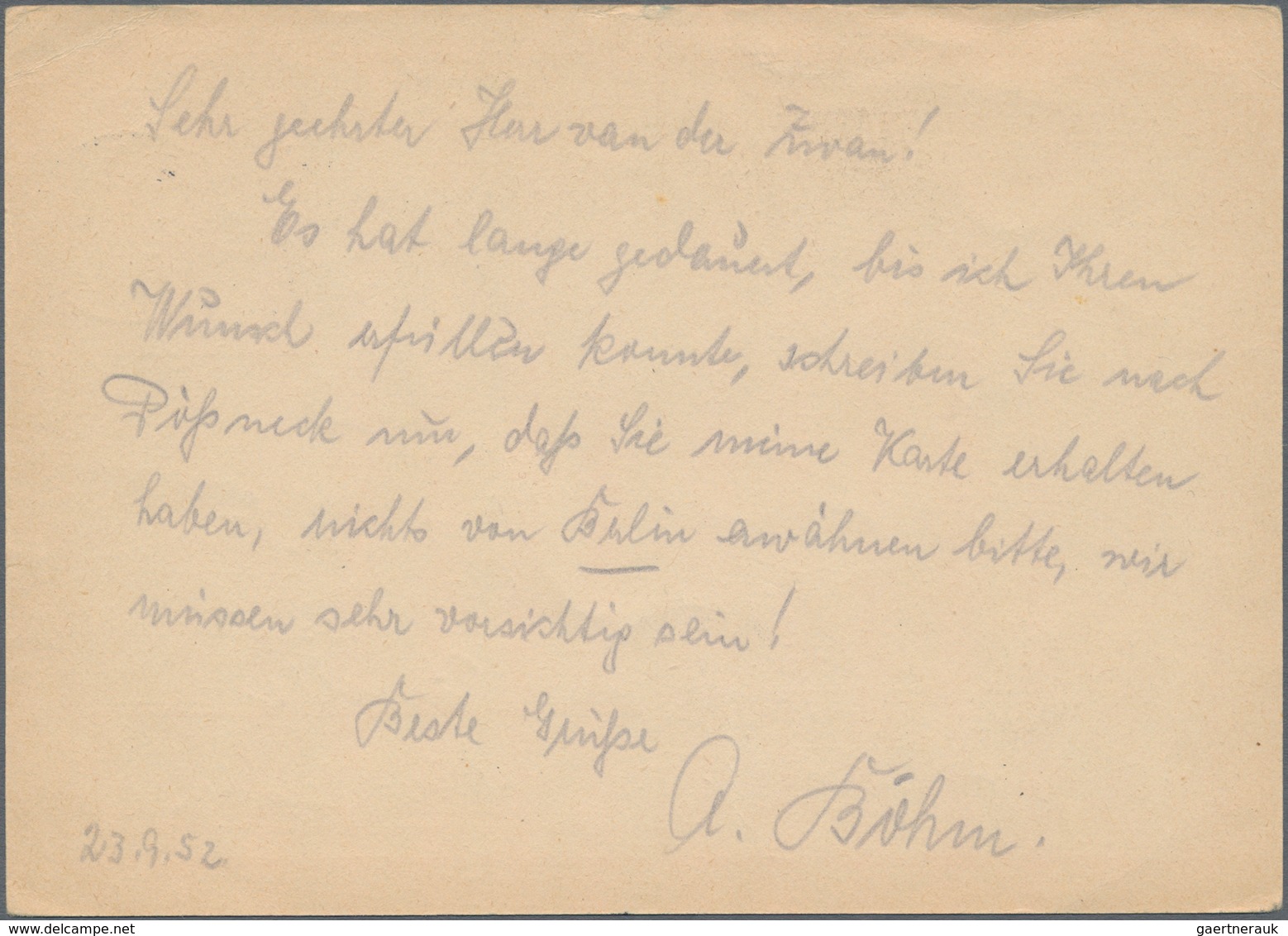 Berlin - Ganzsachen: 1952. Postkarte 20 Pf Glocke "Maifeier 1952". Gebraucht Mit Masch.-SST "Berline - Andere & Zonder Classificatie