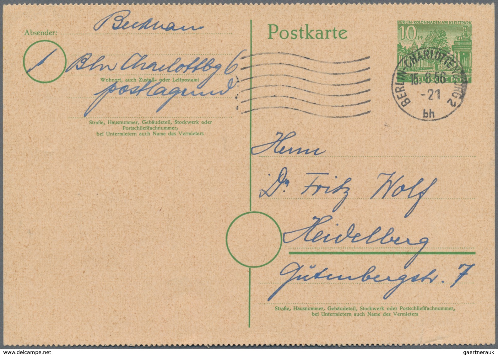 Berlin - Ganzsachen: 1956, Porto- Und Bedarfsgerecht Verwendete Zweiseitig Gezähnte Ganzsachenpostka - Other & Unclassified