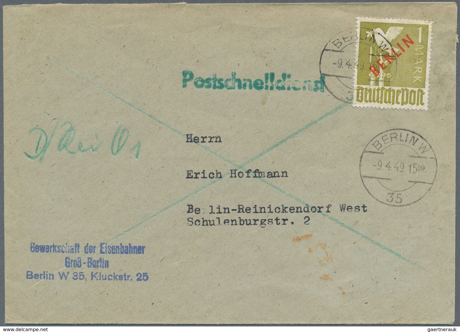 Berlin - Postschnelldienst: 1 DM Rotaufdruck Als EF Auf Postschnelldienstbf. Ab Berlin W35 Vom 9.4.4 - Covers & Documents