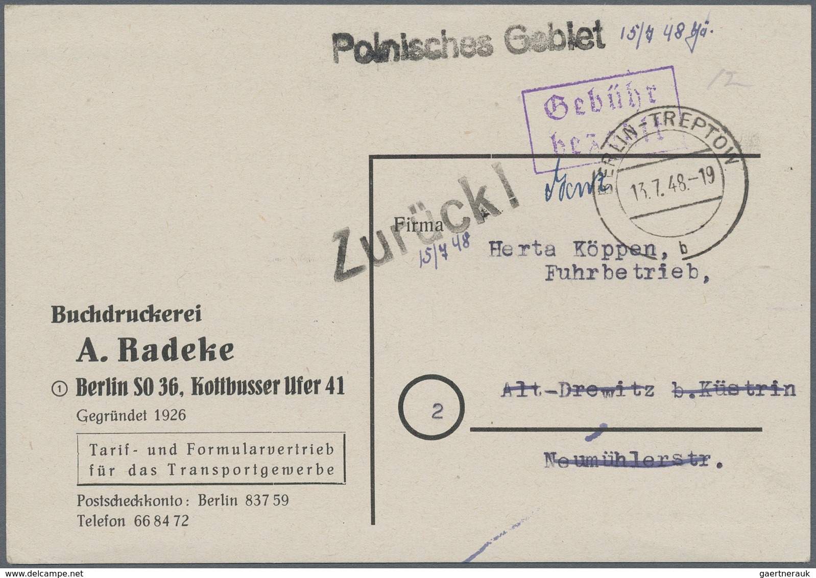 Berlin - Besonderheiten: 1948, Gebühr Bezahlt-Bedarfskarte Ab "BERLIN-TREPTOW 13.7.48" Nach Alt-Drew - Other & Unclassified