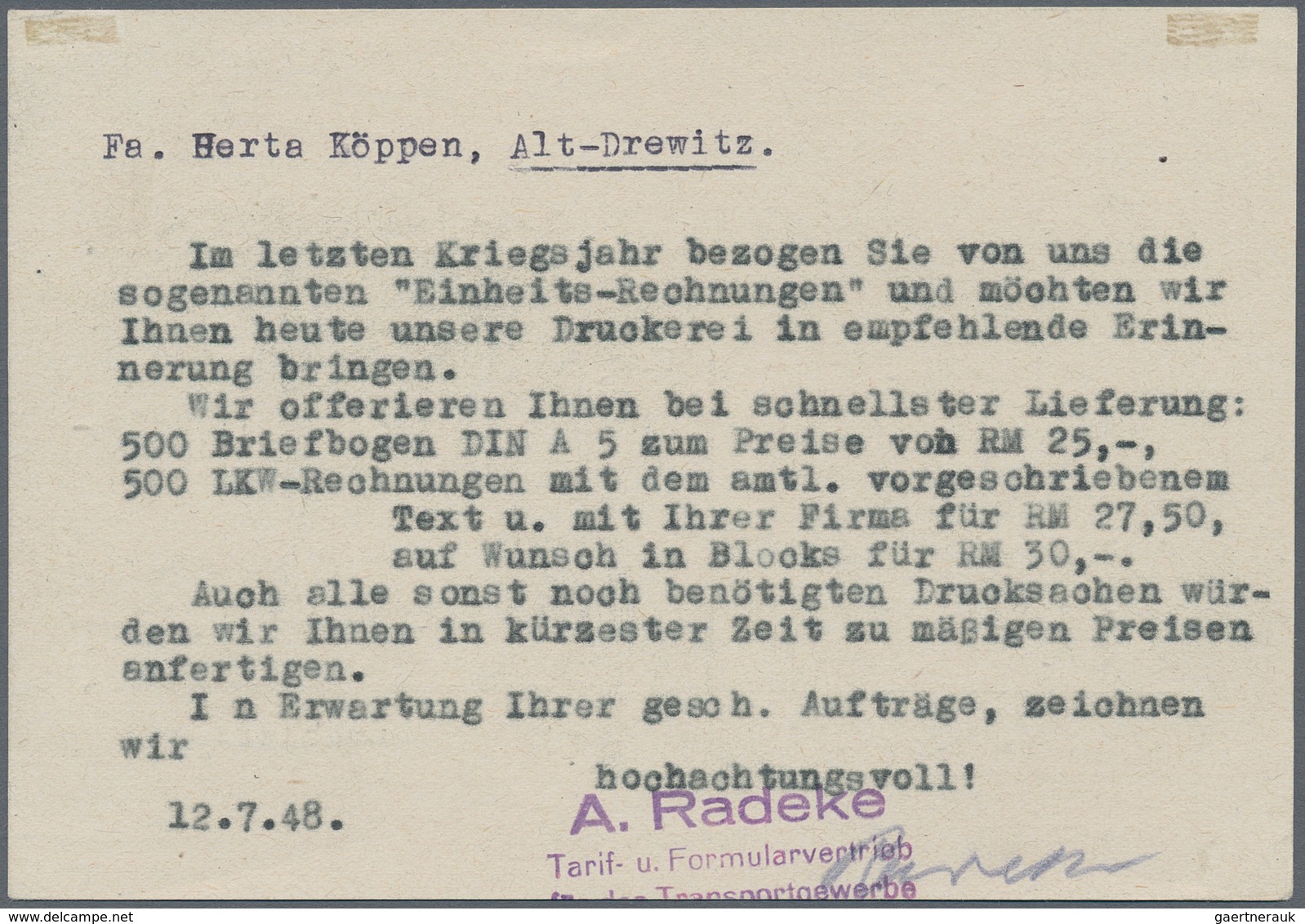 Berlin - Besonderheiten: 1948, Gebühr Bezahlt-Bedarfskarte Ab "BERLIN-TREPTOW 13.7.48" Nach Alt-Drew - Other & Unclassified