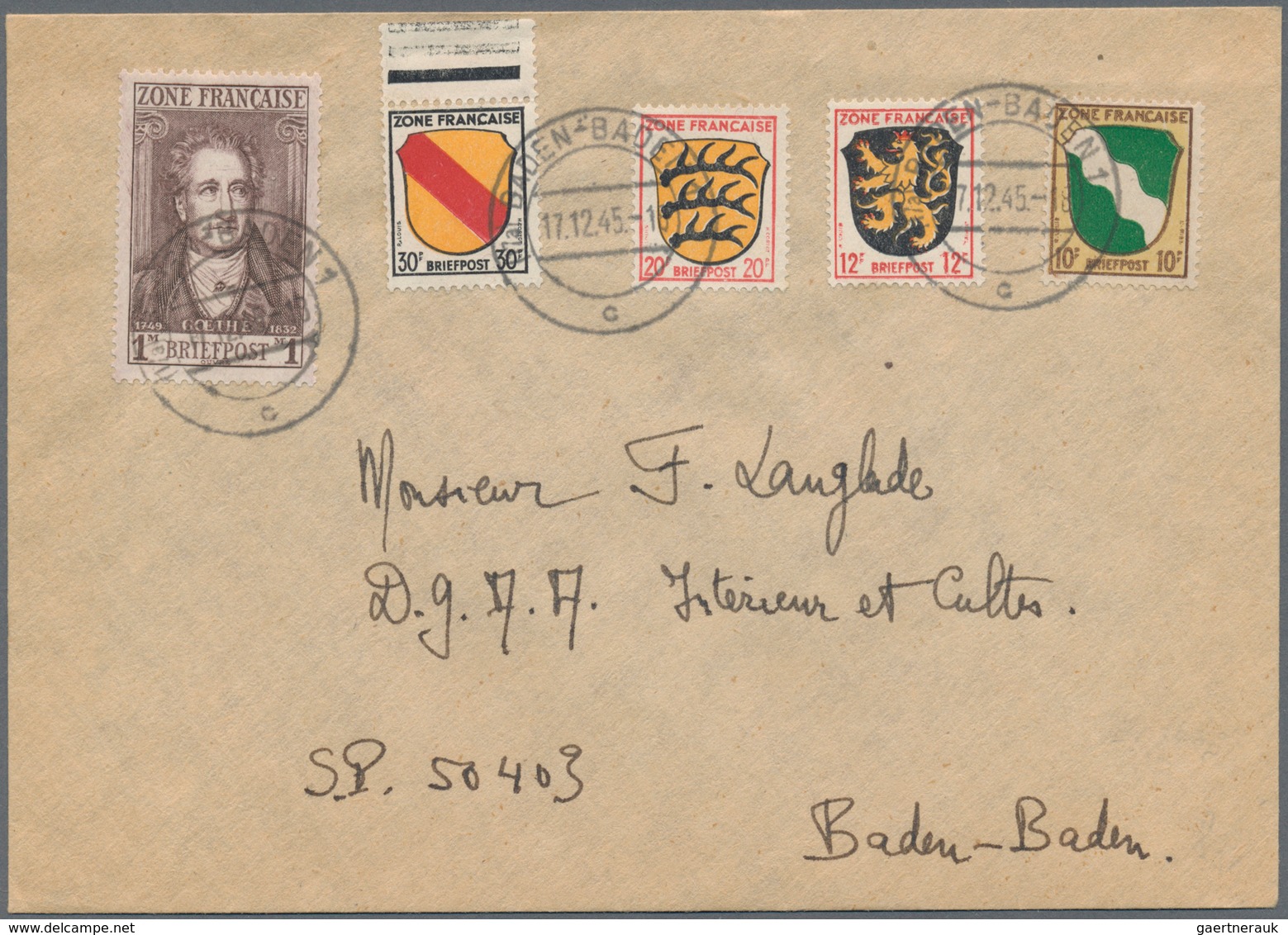 Französische Zone - Allgemeine Ausgabe: 1945, Freimarken Wappen, Umschlag Mit 10 Pf, 12 Pf, 20 Pf, 3 - Other & Unclassified