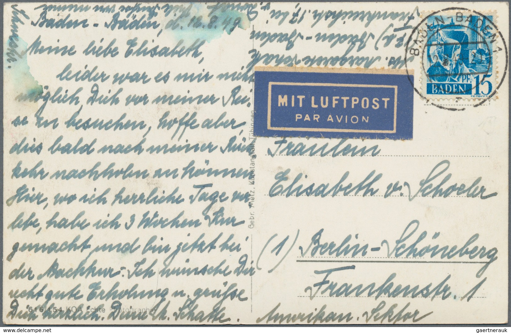 Französische Zone - Baden: 1948, 15 Pf Kobaltblau, Portogerechte EF Auf Luftpost-Postkarte Von BADEN - Andere & Zonder Classificatie