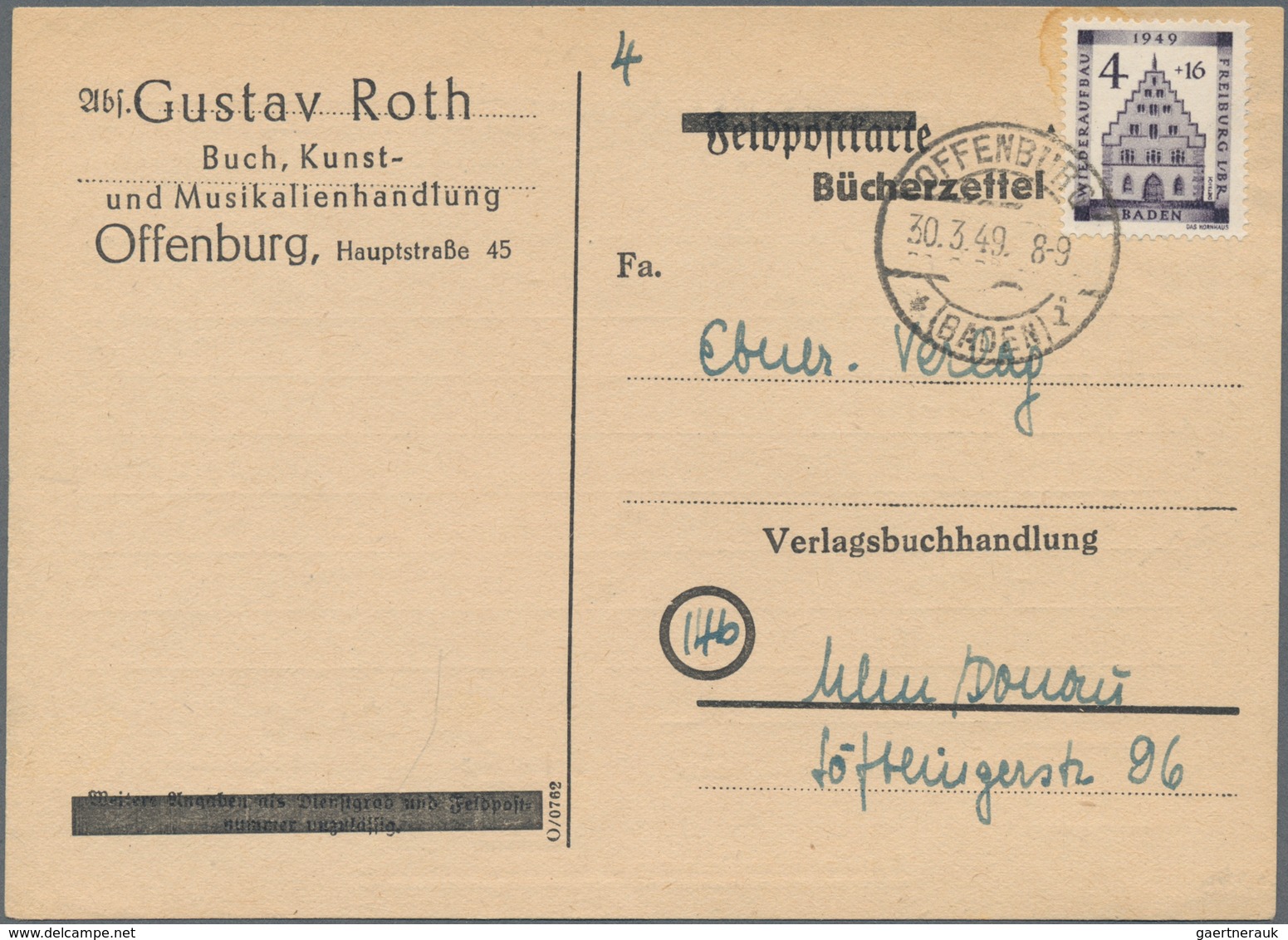 Französische Zone - Baden: 1949, 4 + 16 Pf Wiederaufbau Freiburg, Portogerechte Einzelfrankatur Auf - Andere & Zonder Classificatie