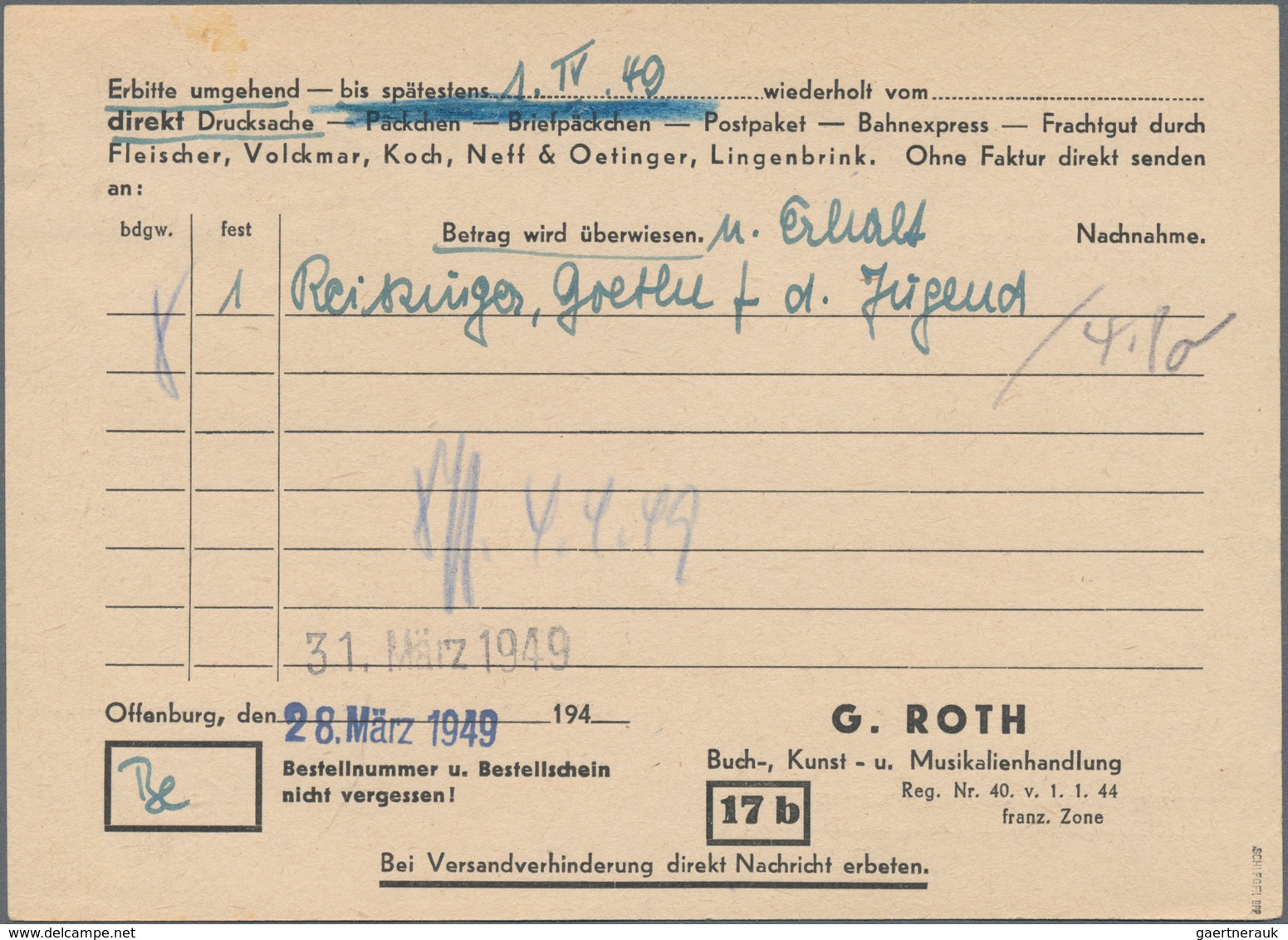 Französische Zone - Baden: 1949, 4 + 16 Pf Wiederaufbau Freiburg, Portogerechte Einzelfrankatur Auf - Other & Unclassified