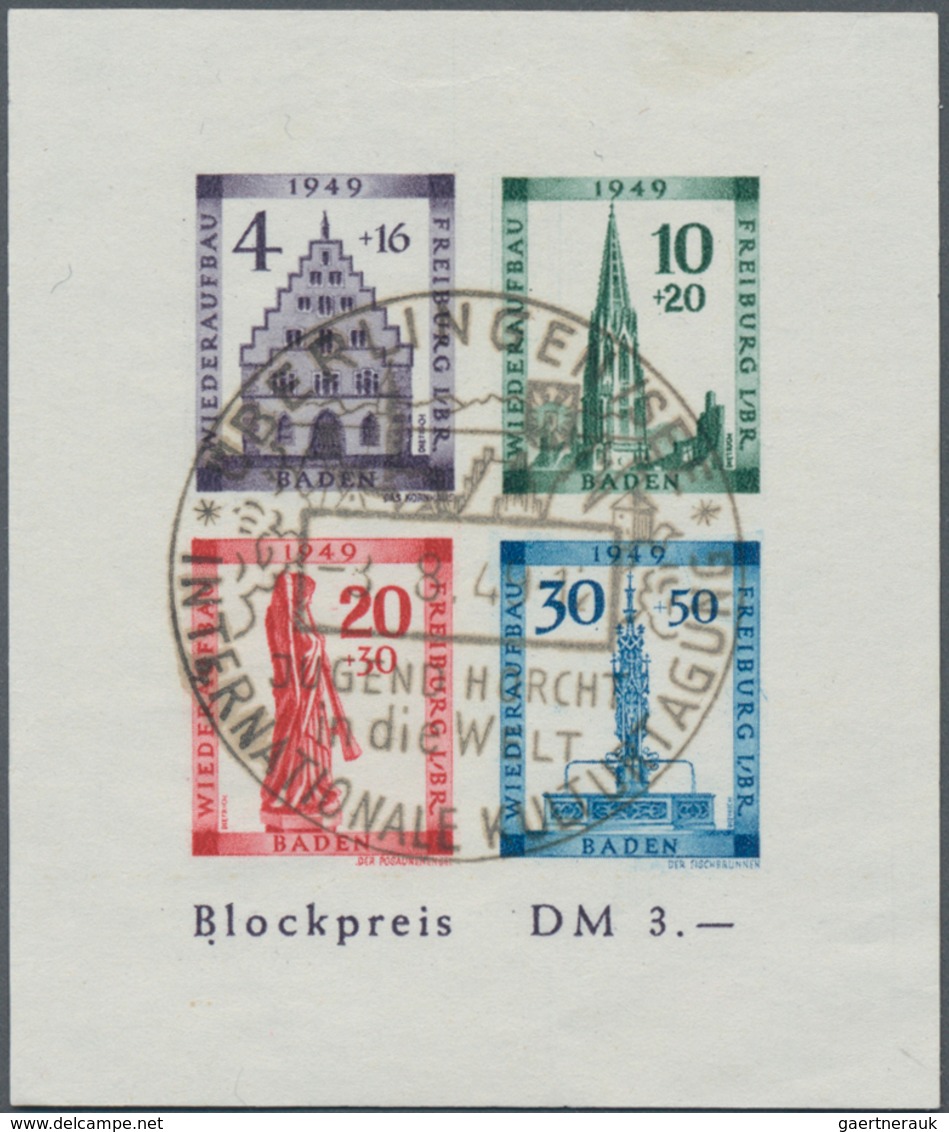 Französische Zone - Baden: 1949, Zwei Blocks: Geschnittener Wiederaufbau-Block Zentrisch Gestempelt - Other & Unclassified