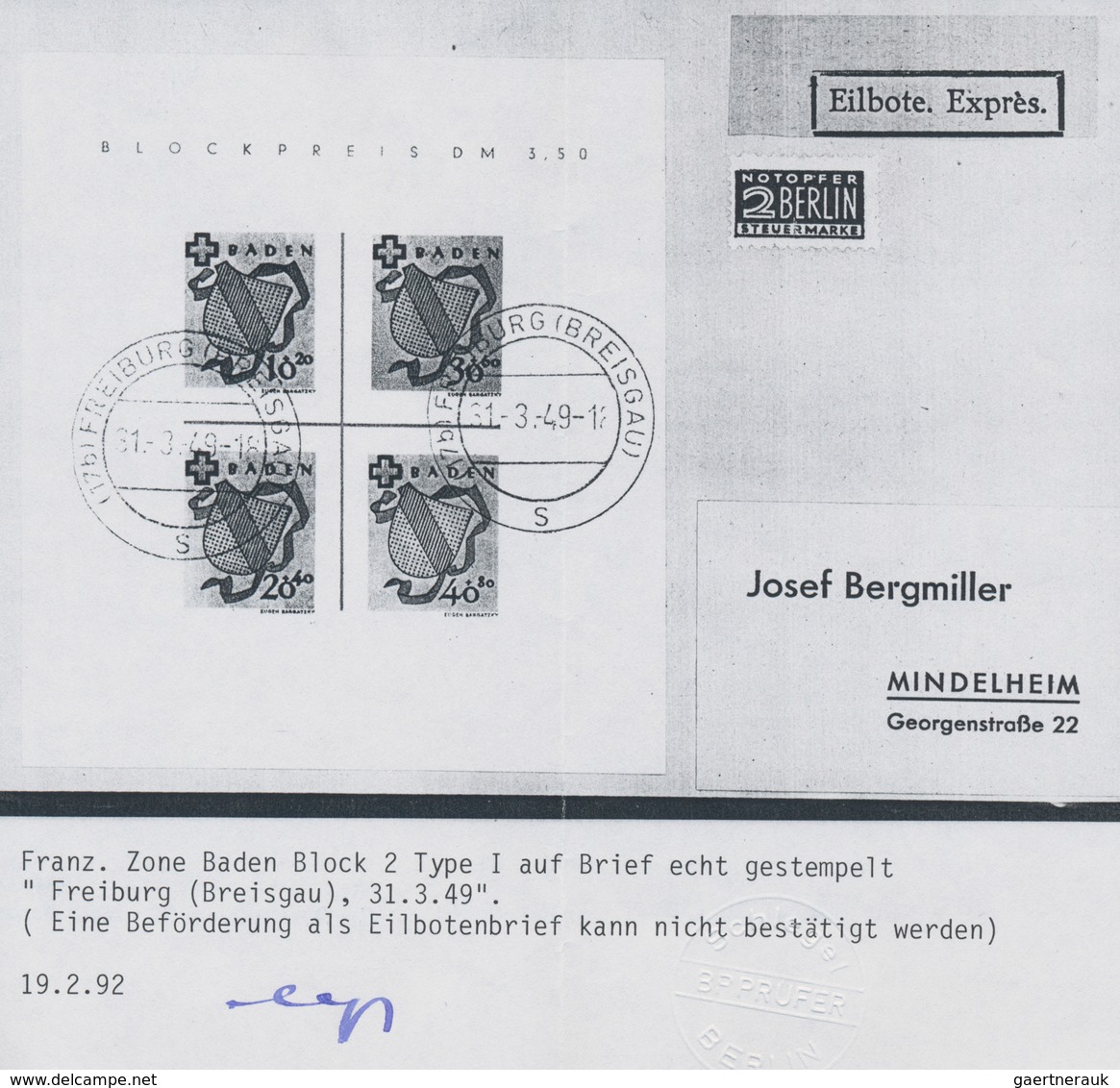 Französische Zone - Baden: 1949, Zwei Blocks: Geschnittener Wiederaufbau-Block Zentrisch Gestempelt - Other & Unclassified