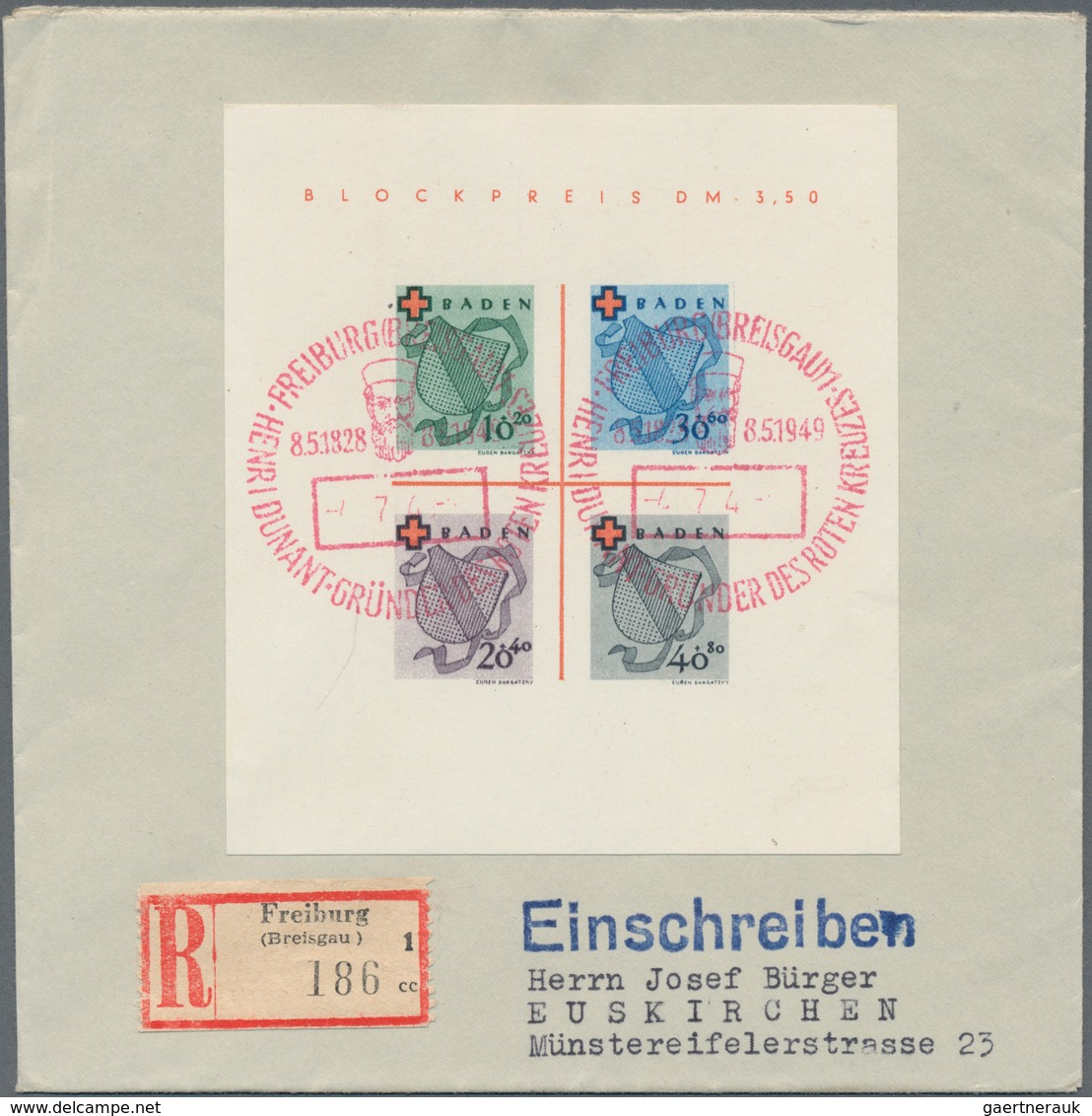 Französische Zone - Baden: 1949, Rot Kreuz-Block, Type I, Mit Rotem SST 'FREIBURG(BREISGAU)-HENRI DU - Andere & Zonder Classificatie