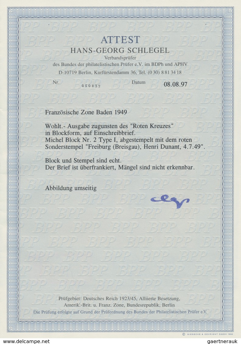 Französische Zone - Baden: 1949, Rot Kreuz-Block, Type I, Mit Rotem SST 'FREIBURG(BREISGAU)-HENRI DU - Andere & Zonder Classificatie