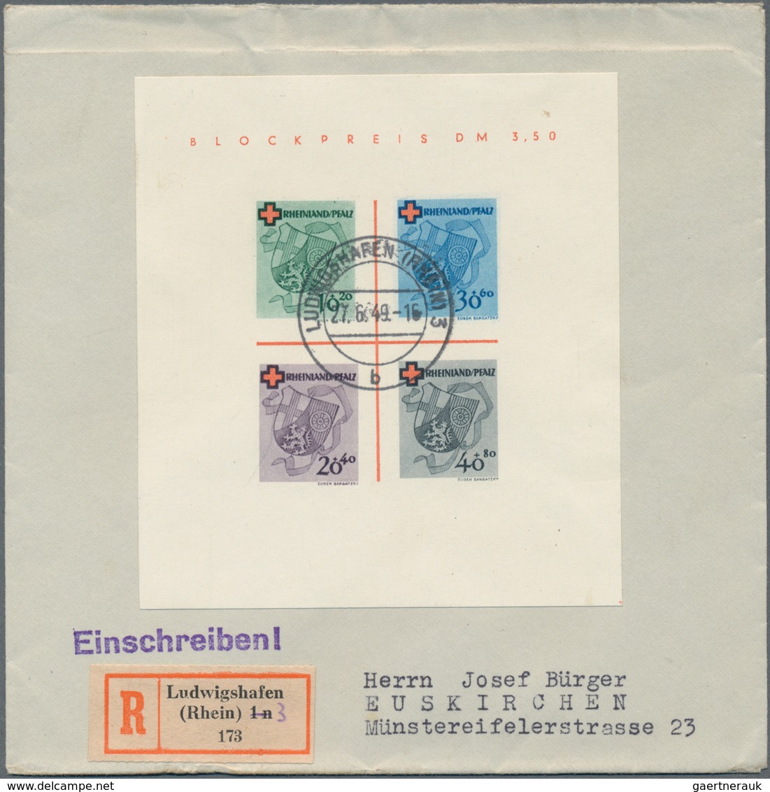 Französische Zone - Rheinland Pfalz: 1949, Rot Kreuz-Block, Type II, Zentrisch Gestempelt LUDWIGSHAF - Sonstige & Ohne Zuordnung