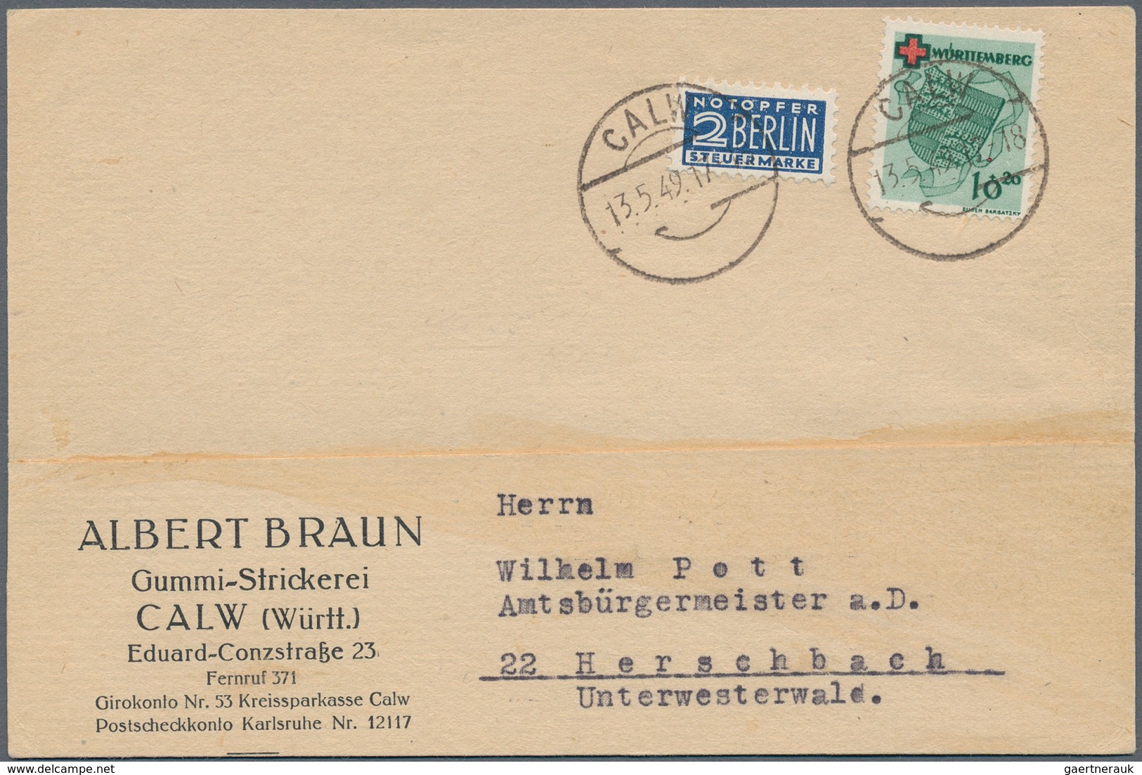 Französische Zone - Württemberg: 1949, 10 Pfg. Rotes Kreuz Als Portogerechte Einzelfrankatur Auf Kar - Andere & Zonder Classificatie