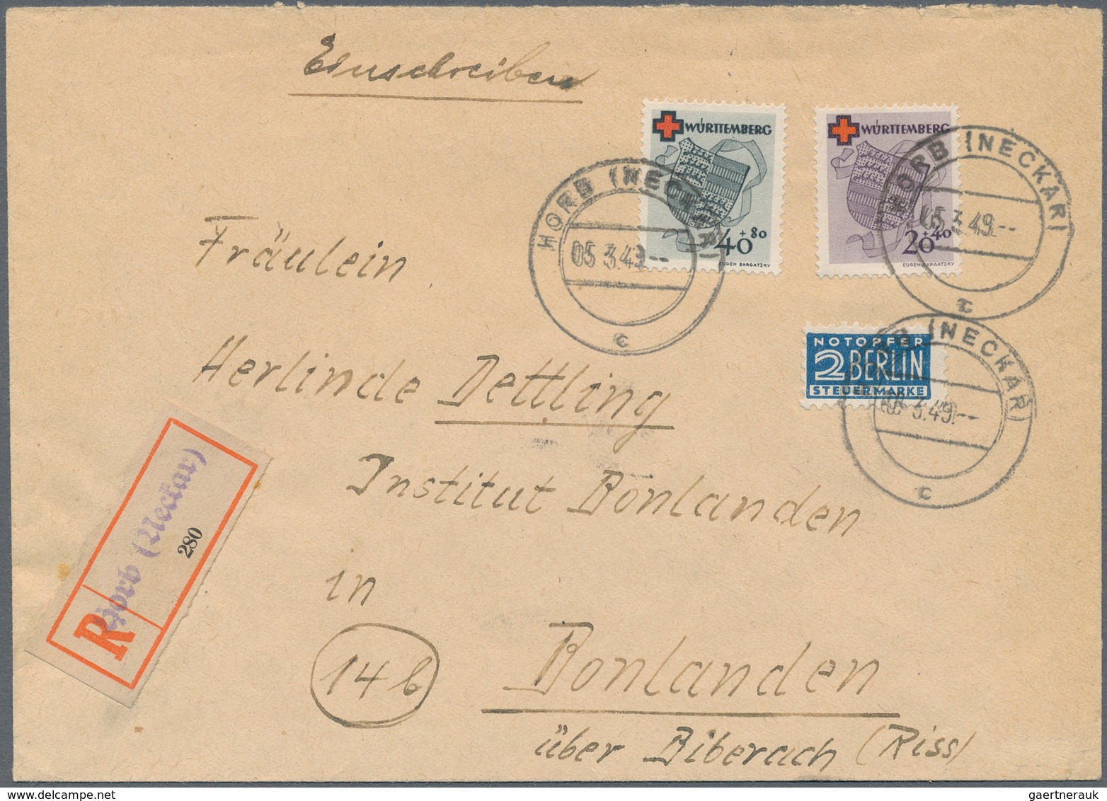 Französische Zone - Württemberg: 1949, 20 Pfg. Und 40 Pfg. Rotes Kreuz Als Portogerechte Frankatur A - Other & Unclassified