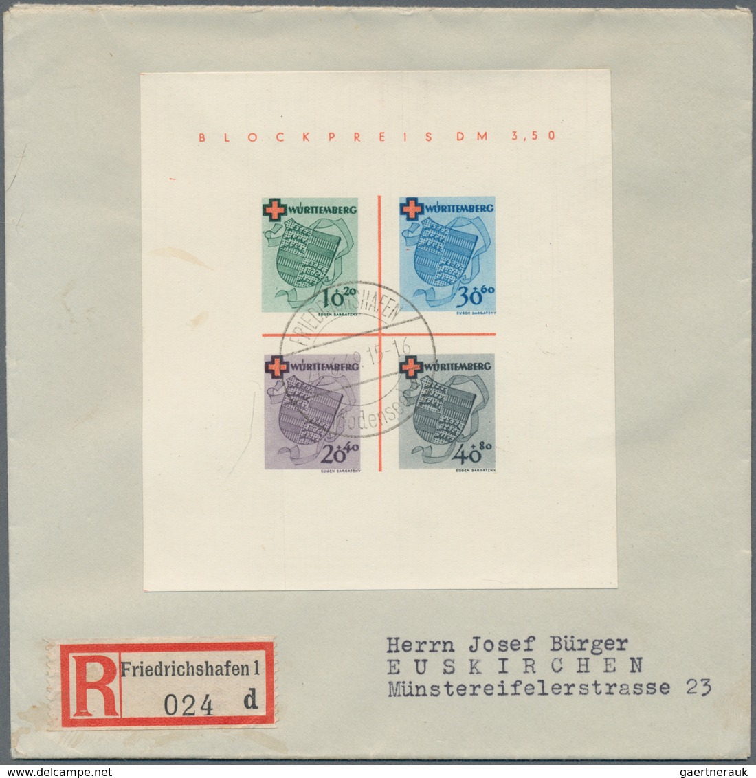 Französische Zone - Württemberg: 1949, Rot Kreuz-Block, Entwertet Mit Tagesstempel FRIEDRICHSHAFEN(B - Andere & Zonder Classificatie