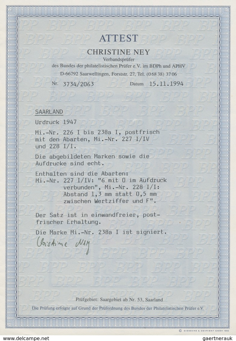 Saarland (1947/56): 1947, Postfrischer Freimarkensatz Saar II Im URDRUCK Mit Attest Ney BPP, "echt U - Brieven En Documenten