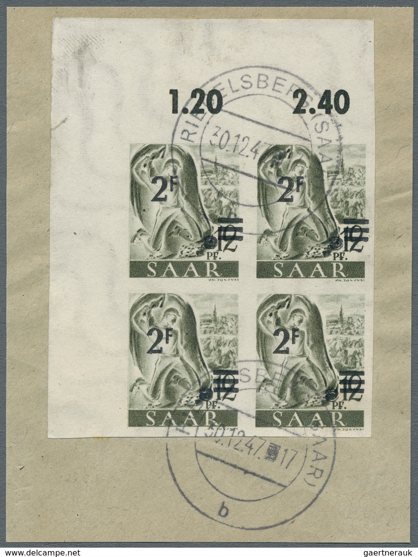 Saarland (1947/56): 1947, "6 Fr. Auf 12 Pfg. Urdruck Ungezähnt", Eckrandviererblock Oben Links Mit Z - Briefe U. Dokumente