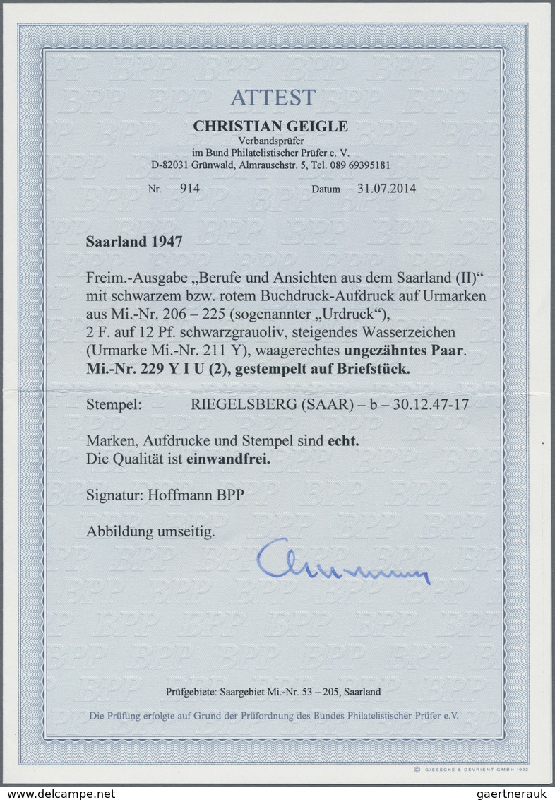 Saarland (1947/56): 1948. Ungezähntes, Waagerechtes Paar 2 Fr Auf 12 Pf Urdruck, Gebraucht Auf Brief - Lettres & Documents