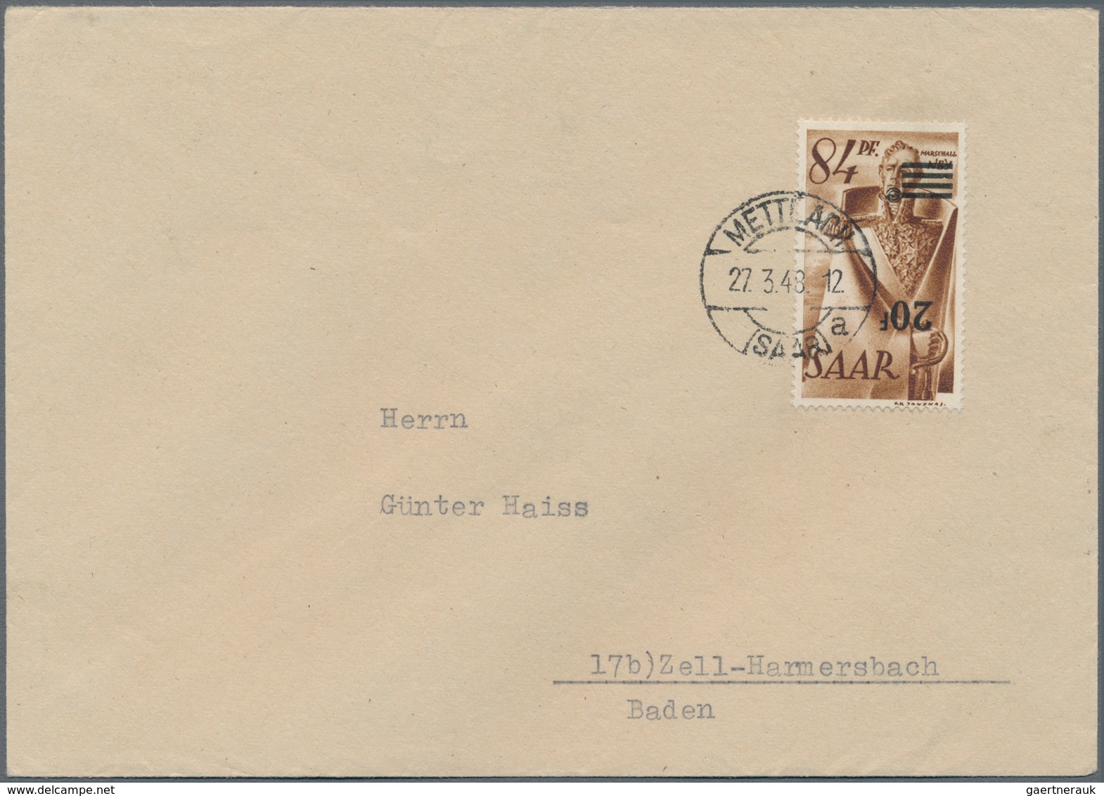 Saarland (1947/56): 1947, 20 Fr. Auf 84 Pfg. Neuauflage Mit Kopfstehendem Aufdruck Auf Echt Gelaufen - Brieven En Documenten