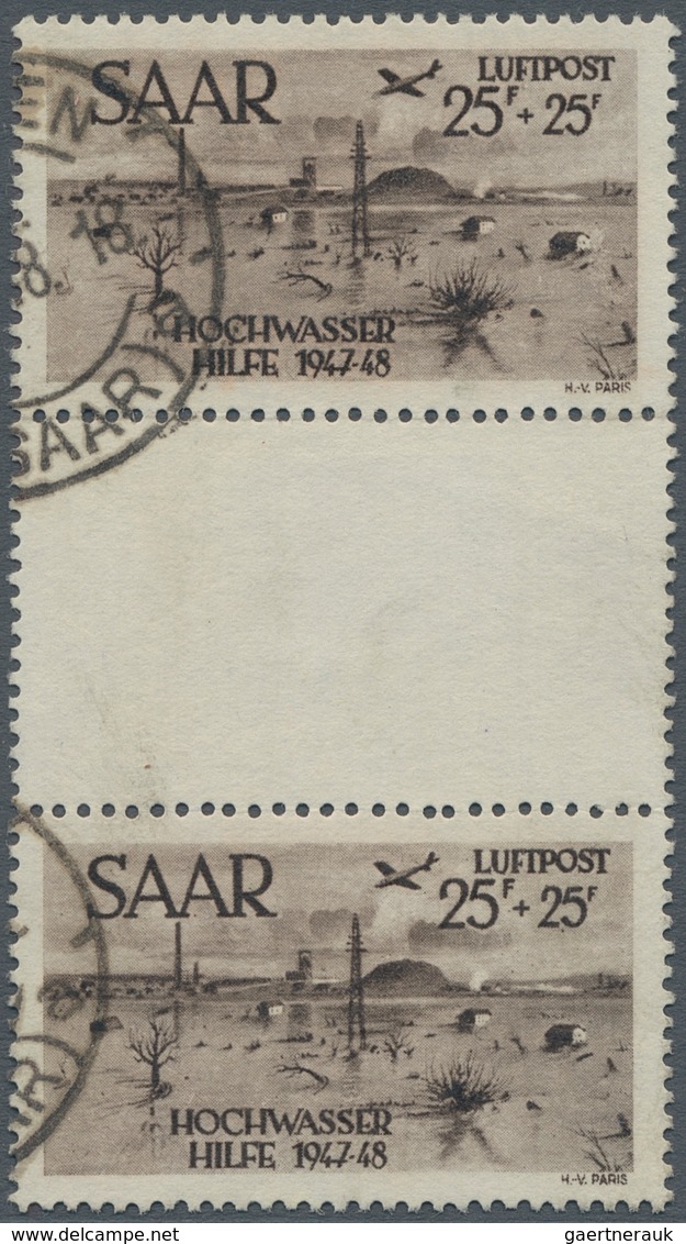 Saarland (1947/56): 1948, "25 + 25 Fr. Hochwasserhilfe Als Senkr. Zwischenstegpaar", Sauber Gestempe - Briefe U. Dokumente