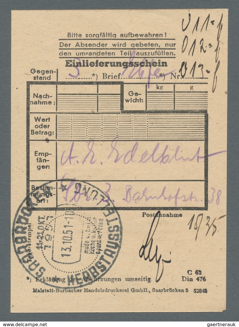 Saarland (1947/56): 1949/51, Zwei Großformatige Frankierte Belege, Dabei U.a. Mi. 281 Br Mit Zusatzf - Briefe U. Dokumente