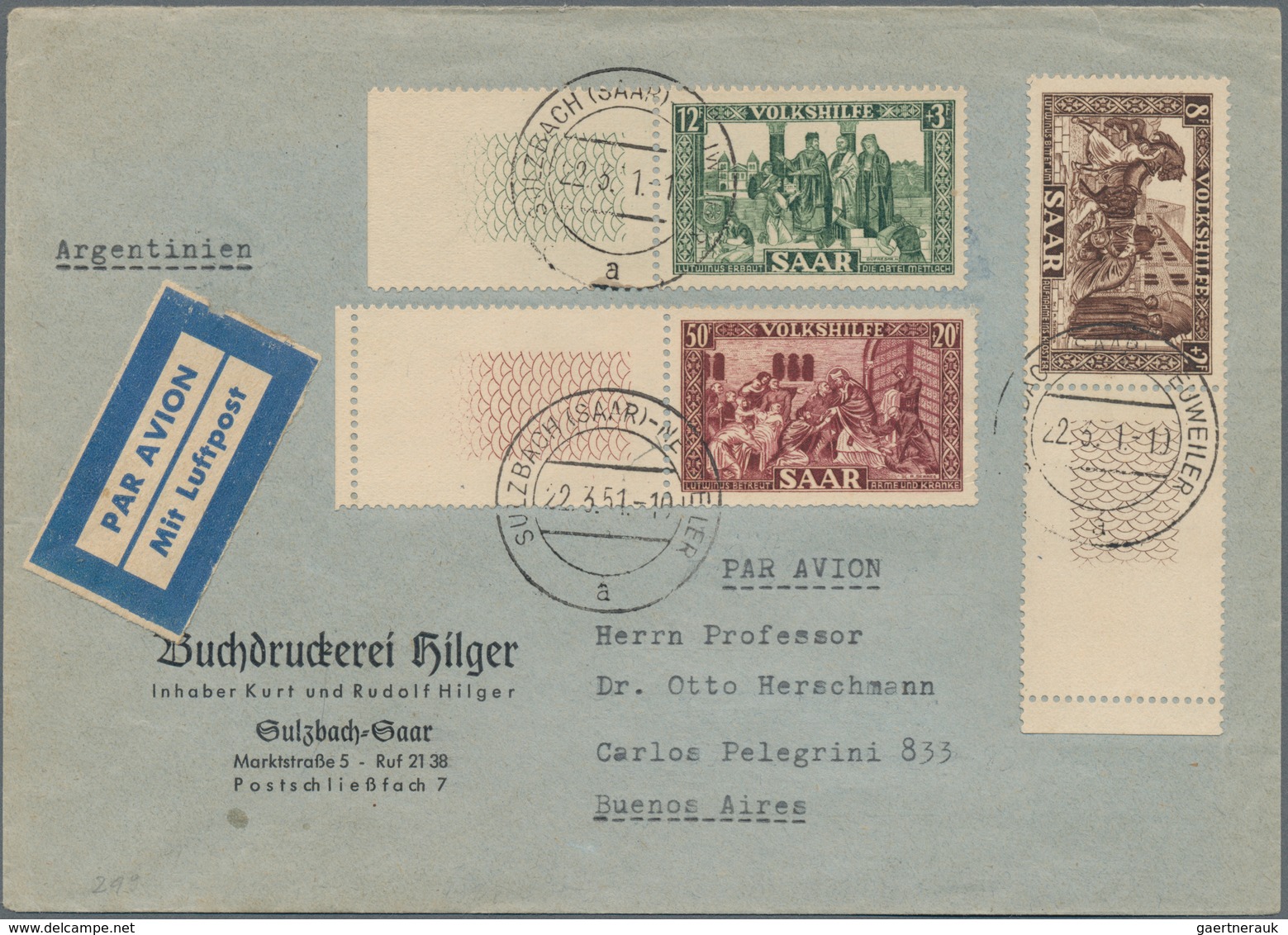 Saarland (1947/56): 1951. Volkshilfe 8F, 12F Und 50F, Je Mit Leerfeldern, Auf Lp-Brief Von "Sulzbach - Brieven En Documenten