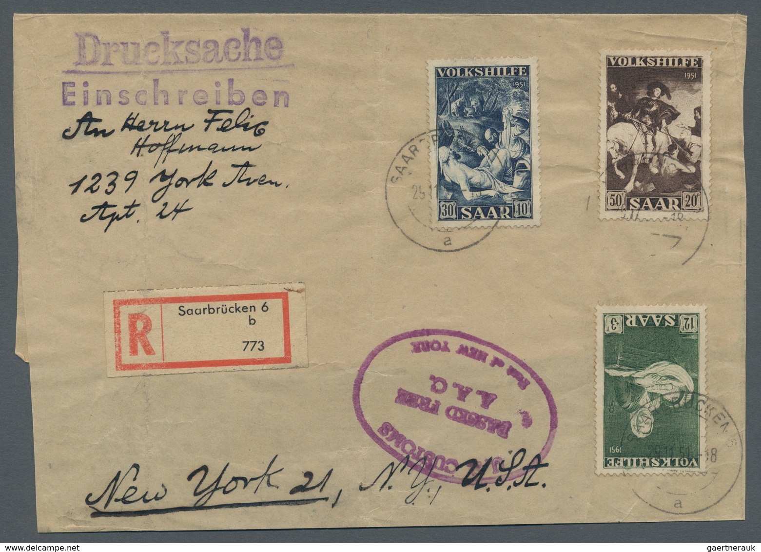 Saarland (1947/56): 1951, "12, 30 Und 50 Fr. Volkshilfe", Sauber Mit SAARBRÜCKEN 6 A 29.11.51 Auf Gr - Covers & Documents