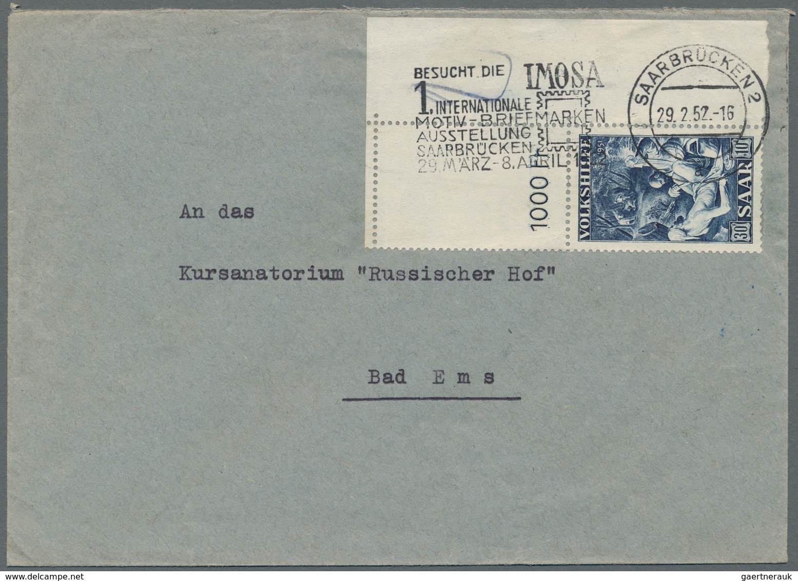 Saarland (1947/56): 1951, "30 Fr. Volkshilfe" Als Bogenecke Mit Durchgezähntem Leerfeld Als Portoric - Brieven En Documenten