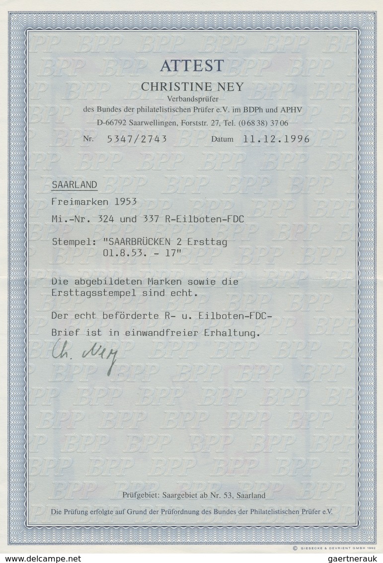 Saarland (1947/56): 1953, "6 Und 500 Fr. Saar V" Auf Flug-Eil-R-Brief Mit Ersttagsstempel SAARBRÜCKE - Briefe U. Dokumente