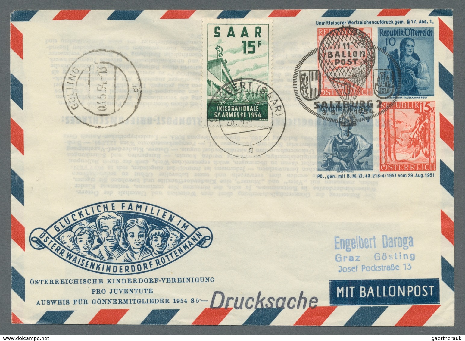 Saarland (1947/56): 1952-54, Vier Ballonpostbelege Alle Ins Ausland Inkl. Zuleitungen, Dabei Seltene - Briefe U. Dokumente