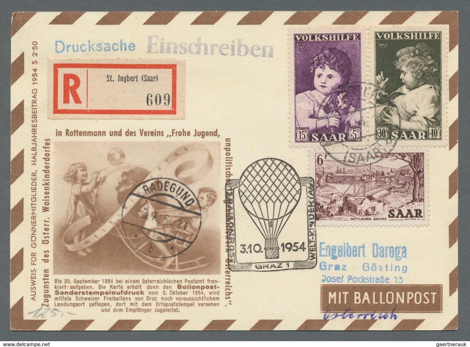 Saarland (1947/56): 1952-54, Vier Ballonpostbelege Alle Ins Ausland Inkl. Zuleitungen, Dabei Seltene - Briefe U. Dokumente