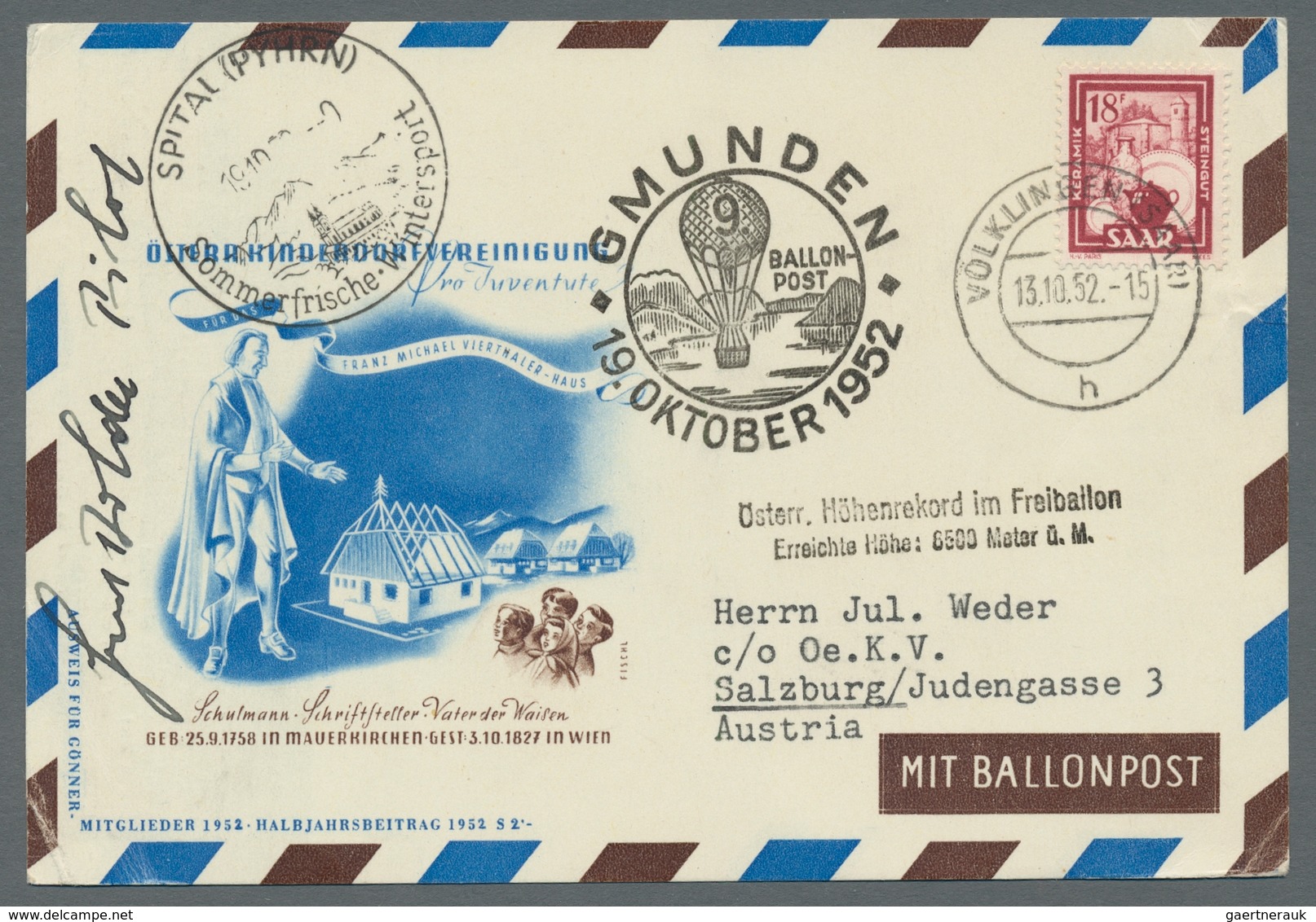 Saarland (1947/56): 1952-54, vier Ballonpostbelege alle ins Ausland inkl. Zuleitungen, dabei seltene