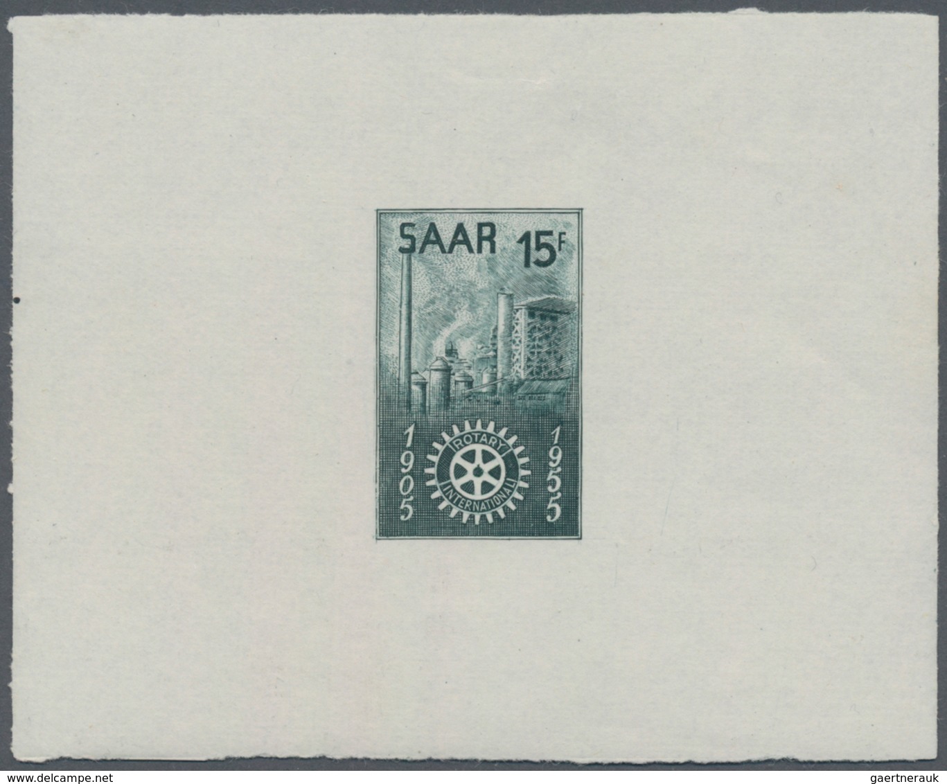 Saarland (1947/56): 1955, 15 Fr. Rotary-Club, Geschnittener Stichtiefdruck-Probedruck In Russischgün - Brieven En Documenten