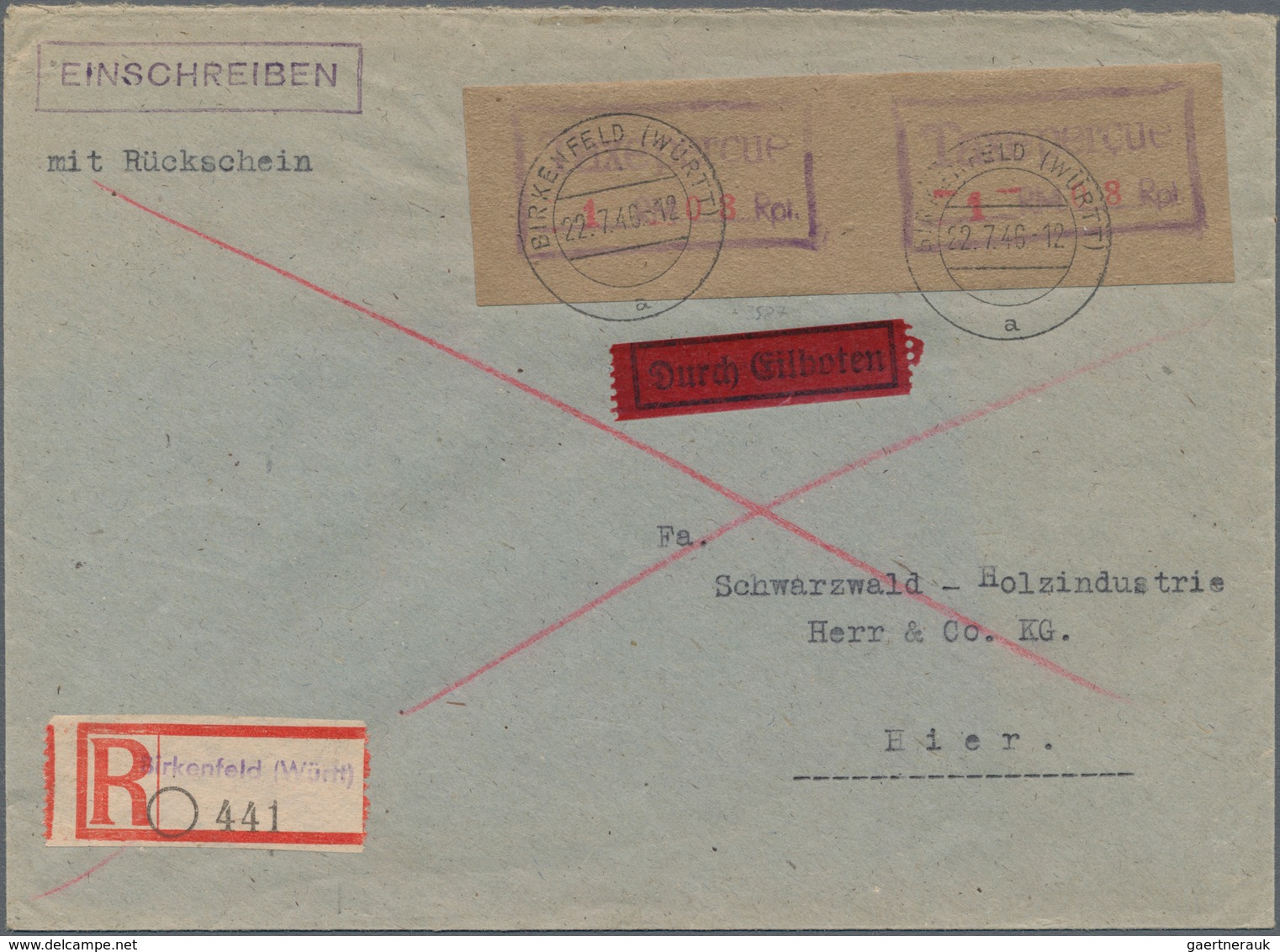 Bizone: BIRKENFELD: 1946, Gebührenzettel Privater Natur Im Paar Auf Orts-R-Eilbrief Mit Rückschein, - Other & Unclassified