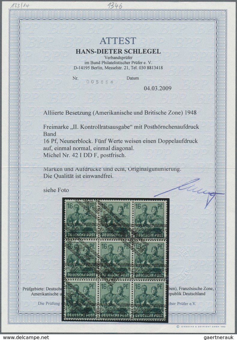 Bizone: 1948, 16 Pf. Arbeiter Bandüberdruck Im Postfrischen 9er-Block, Davon 5 Bzw. 6 Werte Mit Dopp - Other & Unclassified