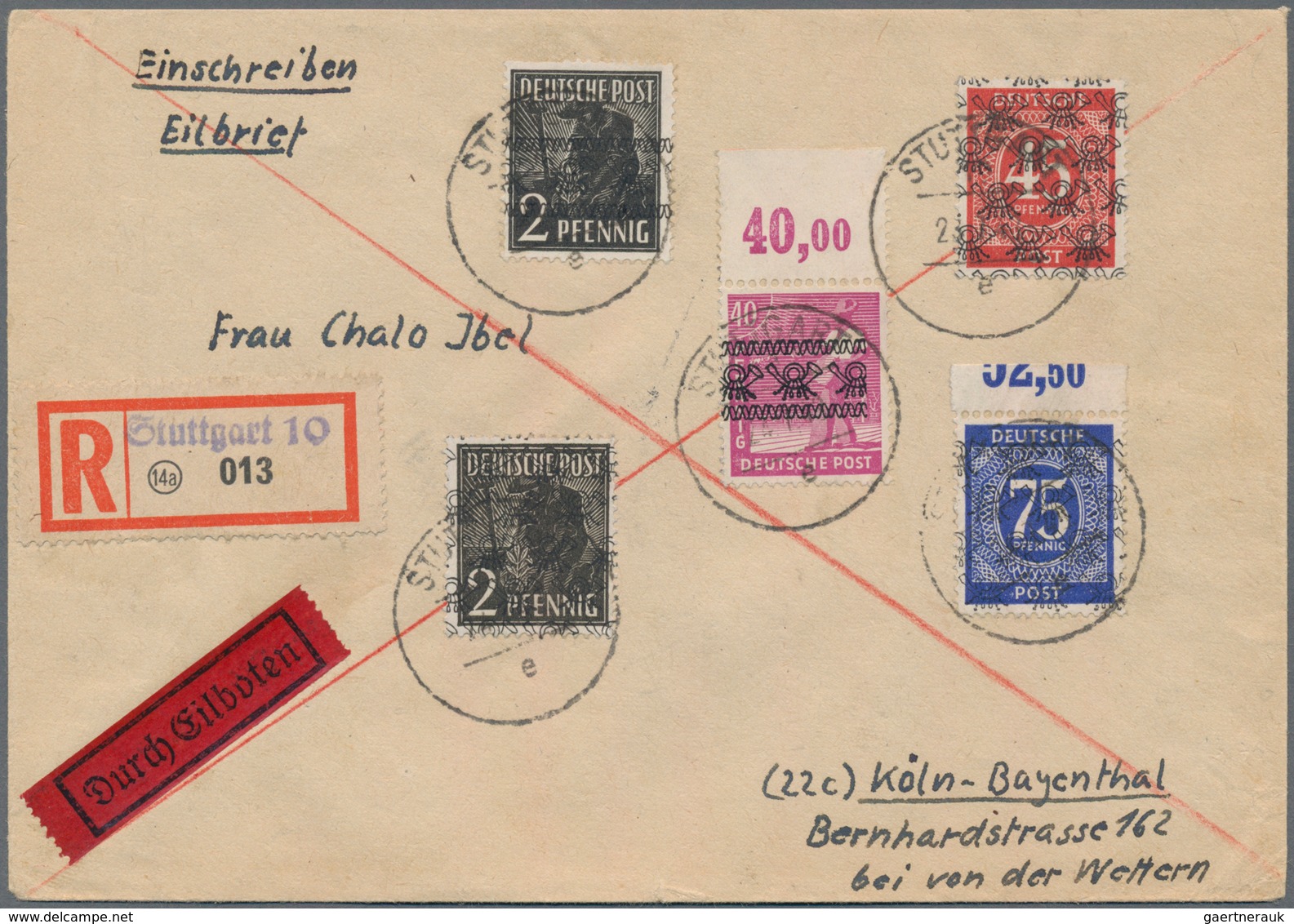 Bizone: 1948, 40 Pfg. Arbeiter Bandaufdruck Mit Durchgezähntem Oberrand Und Beifrankatur, Portogerec - Other & Unclassified