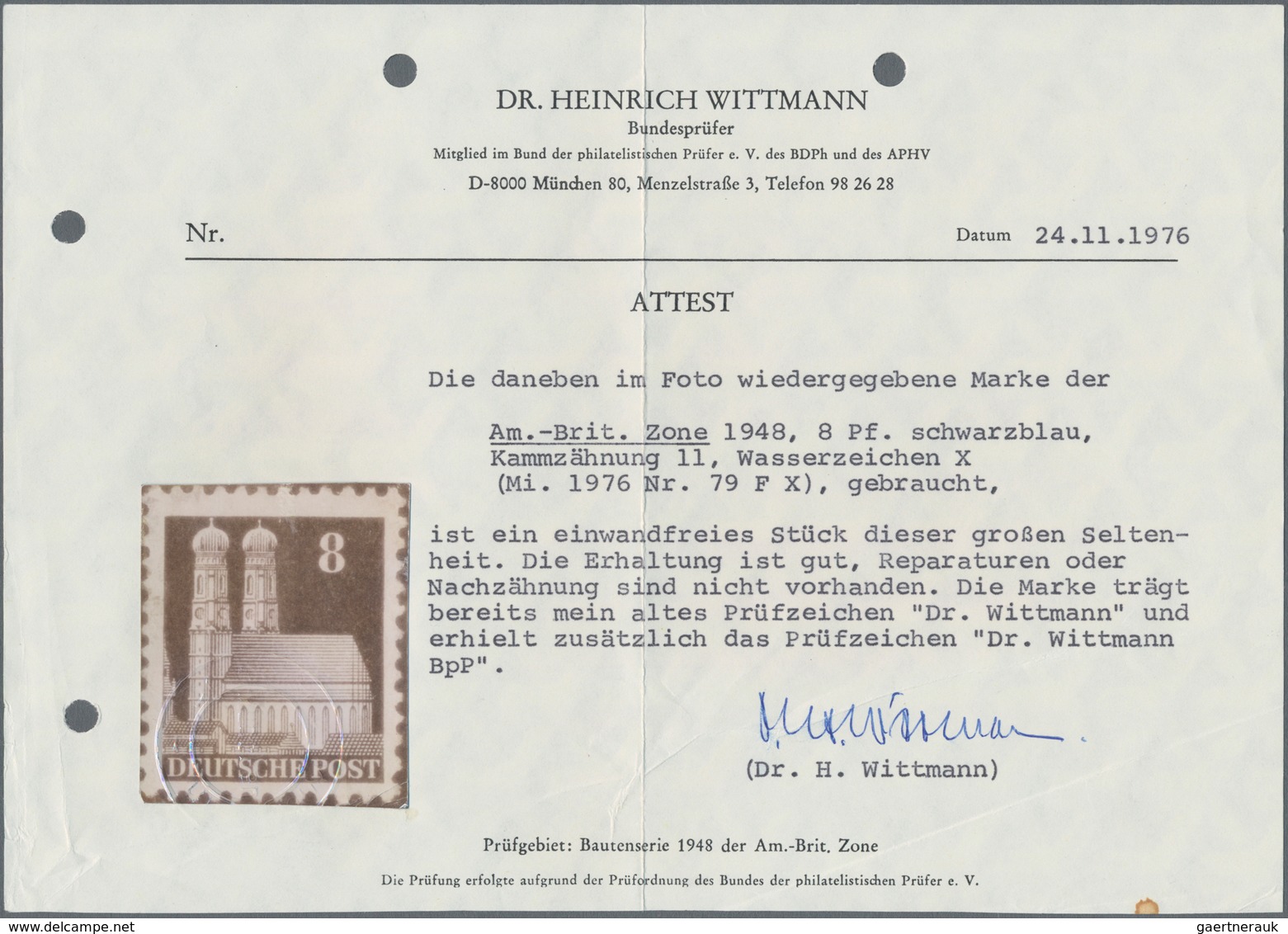 Bizone: 1948, Freimarke Bauten, 8 Pf. Schwarzblau, Kammzähnung 11¼ : 11, Mit Wasserzeichen X, Gestem - Andere & Zonder Classificatie