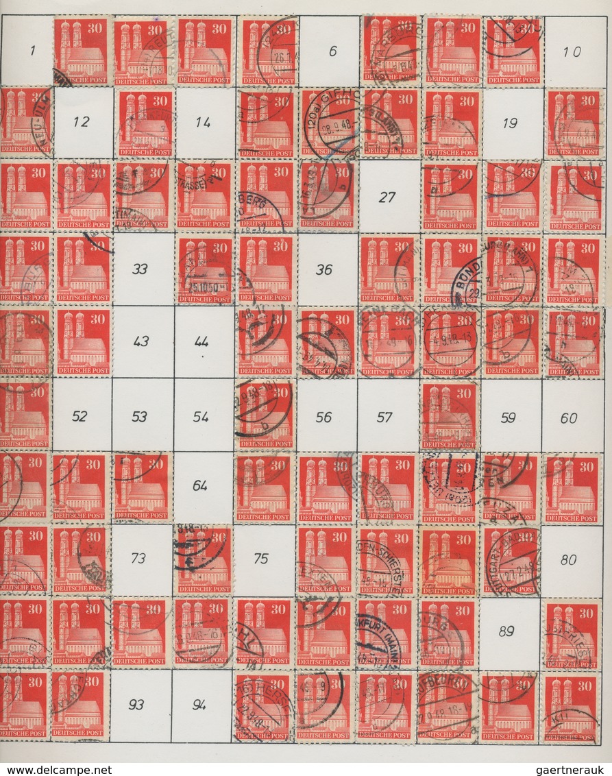 Bizone: 1948, Bauten 30 Pfennig mittelrot bis rot weitgezähnt. Partie von etwa 700 gestempelten Wert