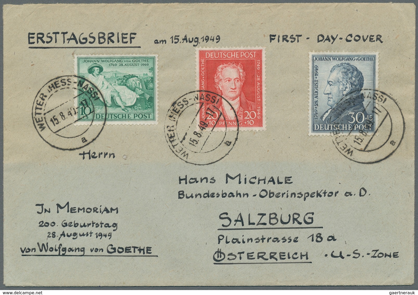 Bizone: 1949, "Goethe" Als Seltener Satz-FDC Von WETTER (HESSEN-NASSAU) 15.8.49 Nach Salzburg In Seh - Andere & Zonder Classificatie