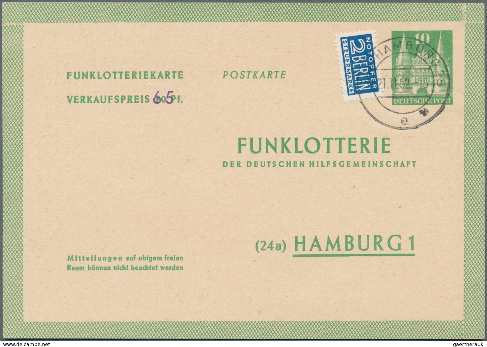 Bizone - Ganzsachen: 1952, Bedarfs- Und Portogerecht Verwendete Funklotterie-Postkarte 65 Pfennig Mi - Andere & Zonder Classificatie