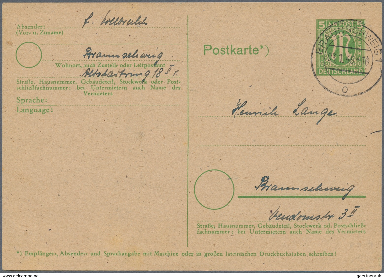 Bizone - Ganzsachen: 1946, Ortskarte 5 Pfg. AM-Post Bedarfsgebraucht Von "BRAUNSCHWEIG 3.1.46" Mit R - Sonstige & Ohne Zuordnung