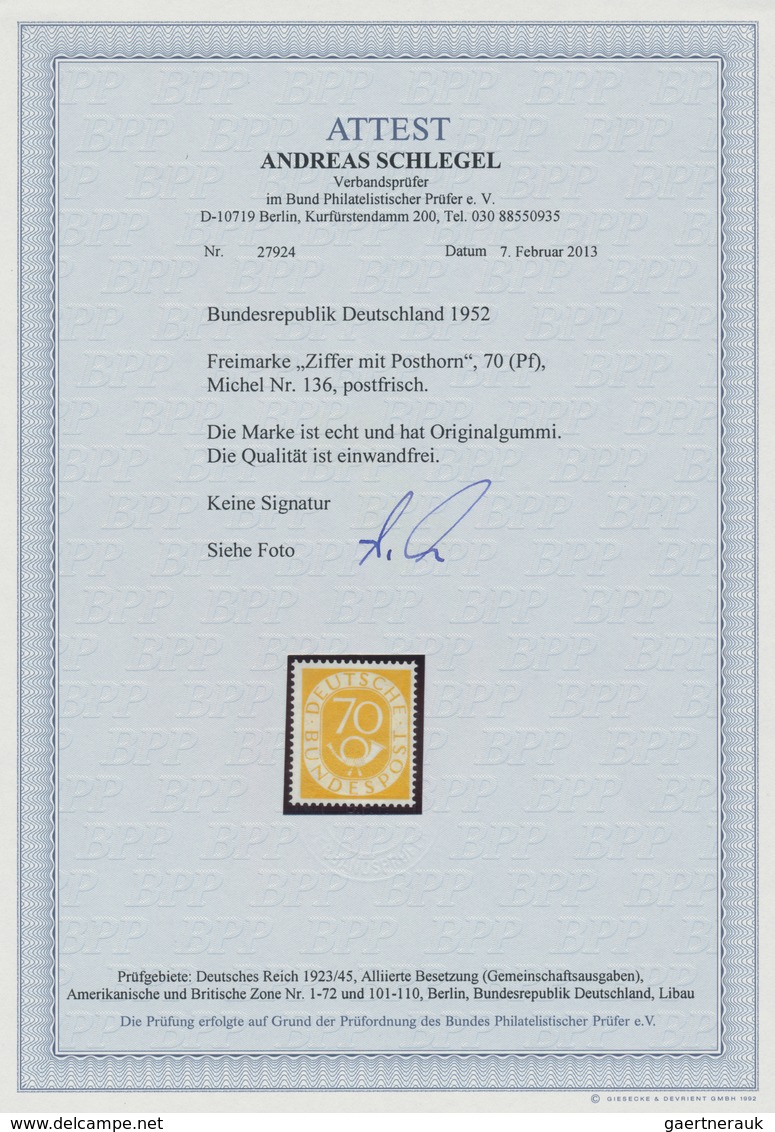 Bundesrepublik Deutschland: 1951- 1952, 2 Pfg. - 90 Pfg. Posthorn Als Postfrischer Satz, 70 Pf., 80 - Other & Unclassified