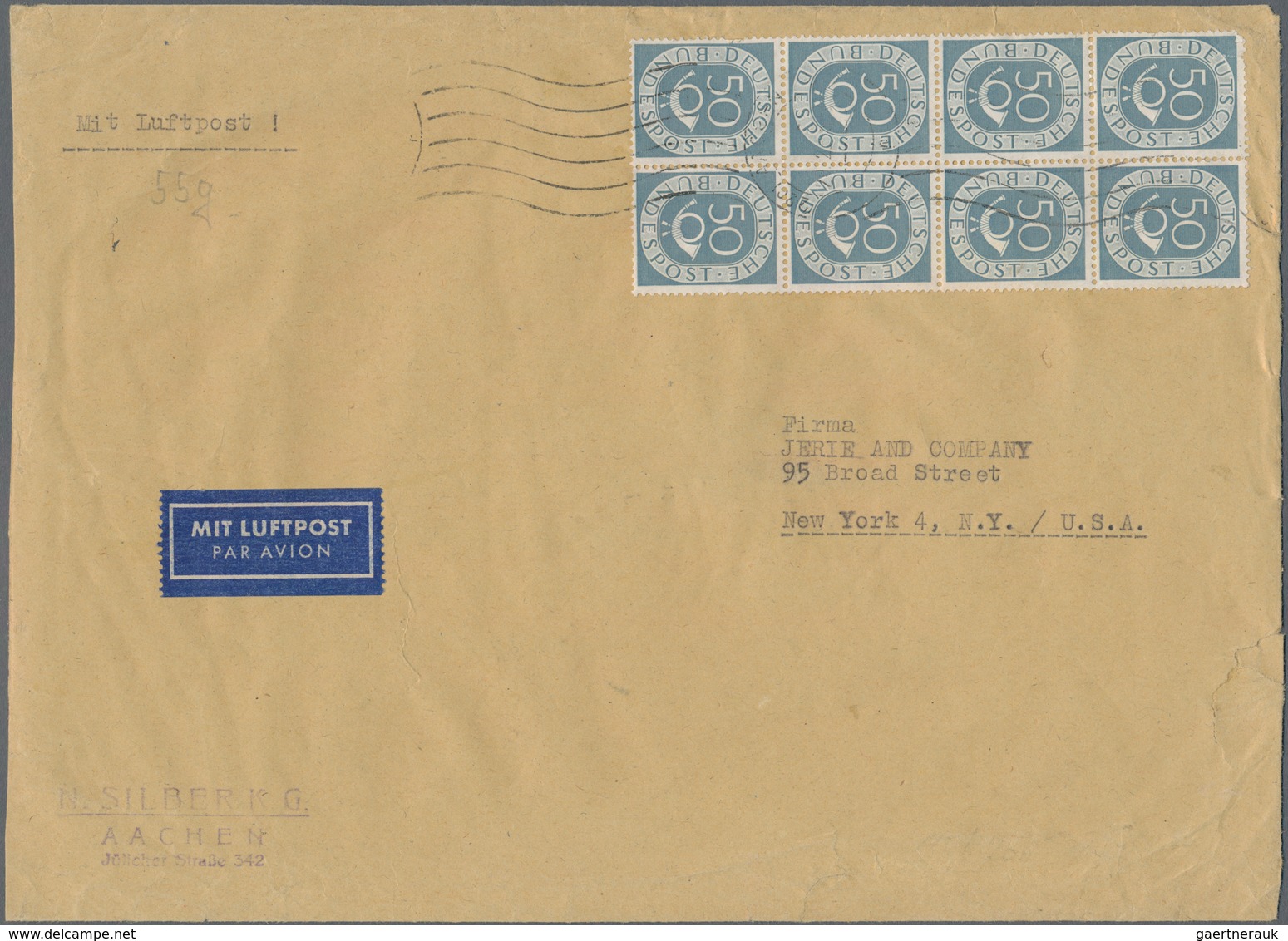Bundesrepublik Deutschland: 1951, Posthorn 50 Pf. Im Senkrechten 8er-Block (4x2) Mit Handrollstempel - Sonstige & Ohne Zuordnung