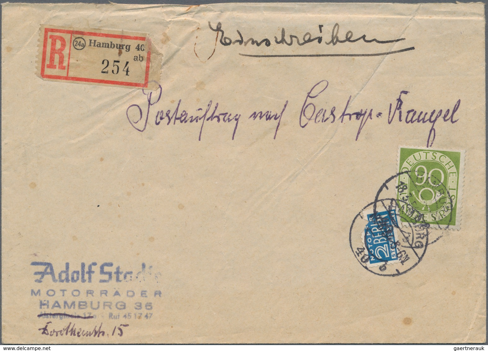 Bundesrepublik Deutschland: 1952, 90 Pf Posthorn Als EF Auf Eingeschriebenem POSTAUFTRAG Von Hamburg - Other & Unclassified