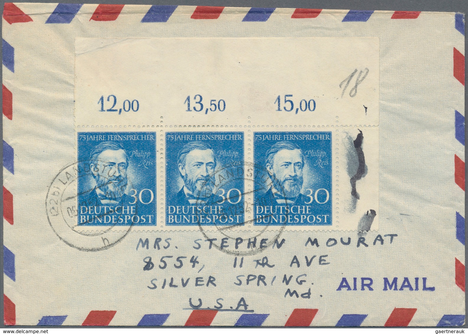 Bundesrepublik Deutschland: 1952, Philipp Reis 30 Pf, Luftpostbrief Mit Waagerechtem Dreierstreifen - Other & Unclassified