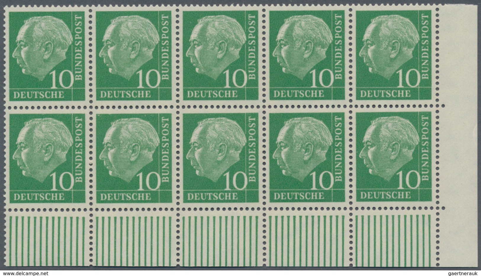 Bundesrepublik Deutschland: 1960, Freimarken Heuss Lumogen 8 Werte Je Im Zehnerblock Eckrand Oben Re - Other & Unclassified