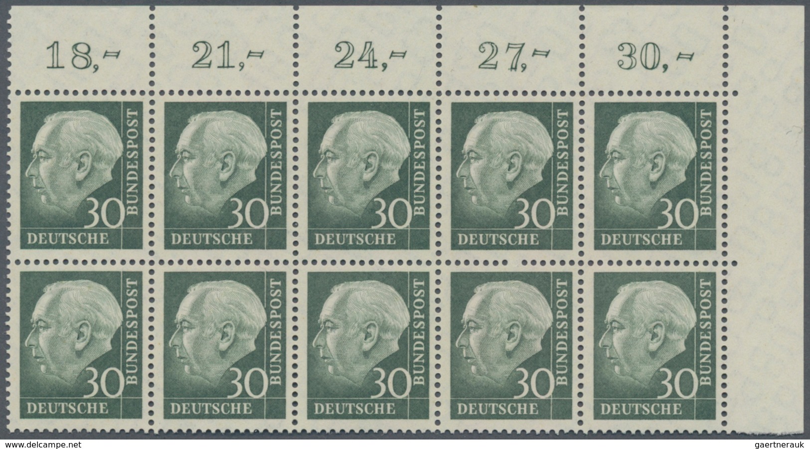 Bundesrepublik Deutschland: 1960, Freimarken Heuss lumogen 8 Werte je im Zehnerblock Eckrand oben re