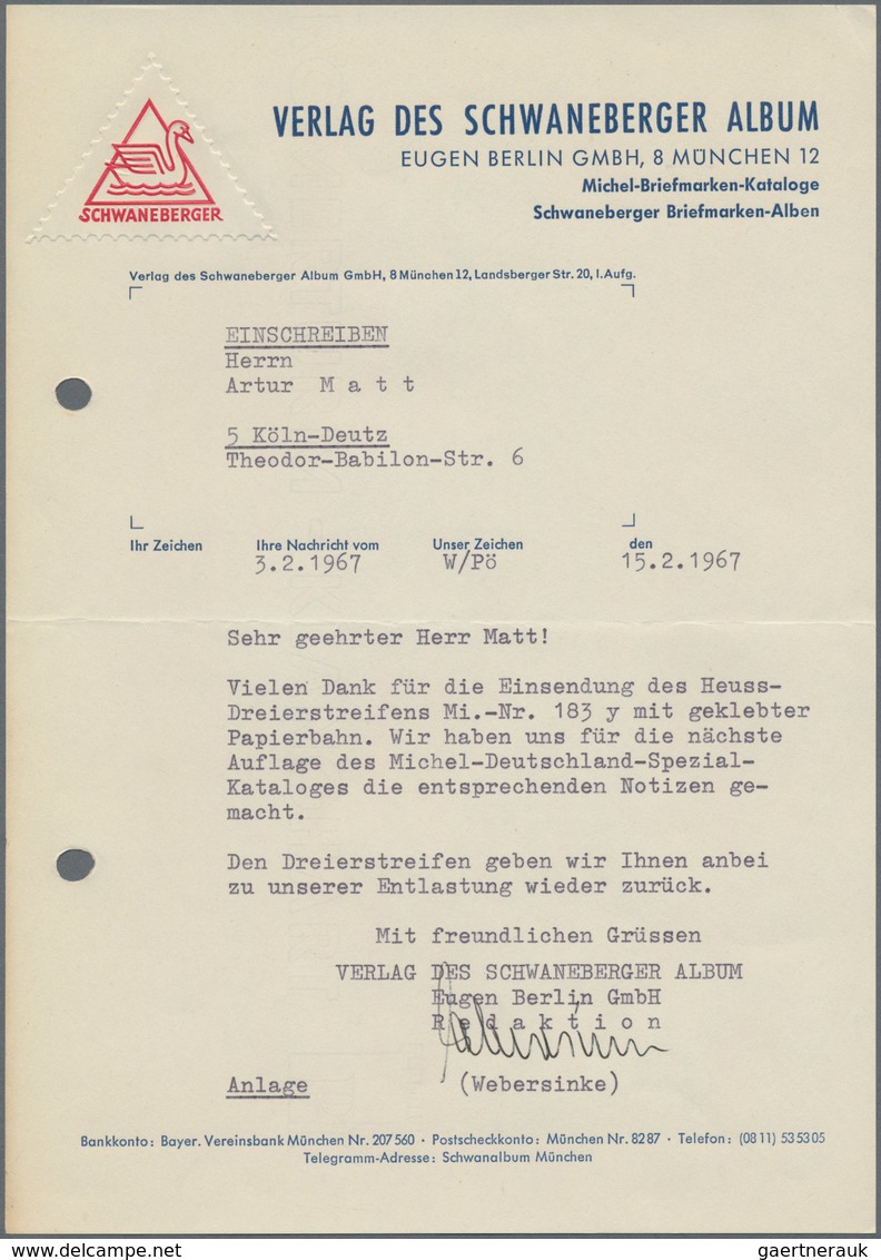 Bundesrepublik Deutschland: 1960, 10 Pfg. Heuss Lumogen Im Rollen-3er-Streifen Mit Roter Zählnummer - Andere & Zonder Classificatie