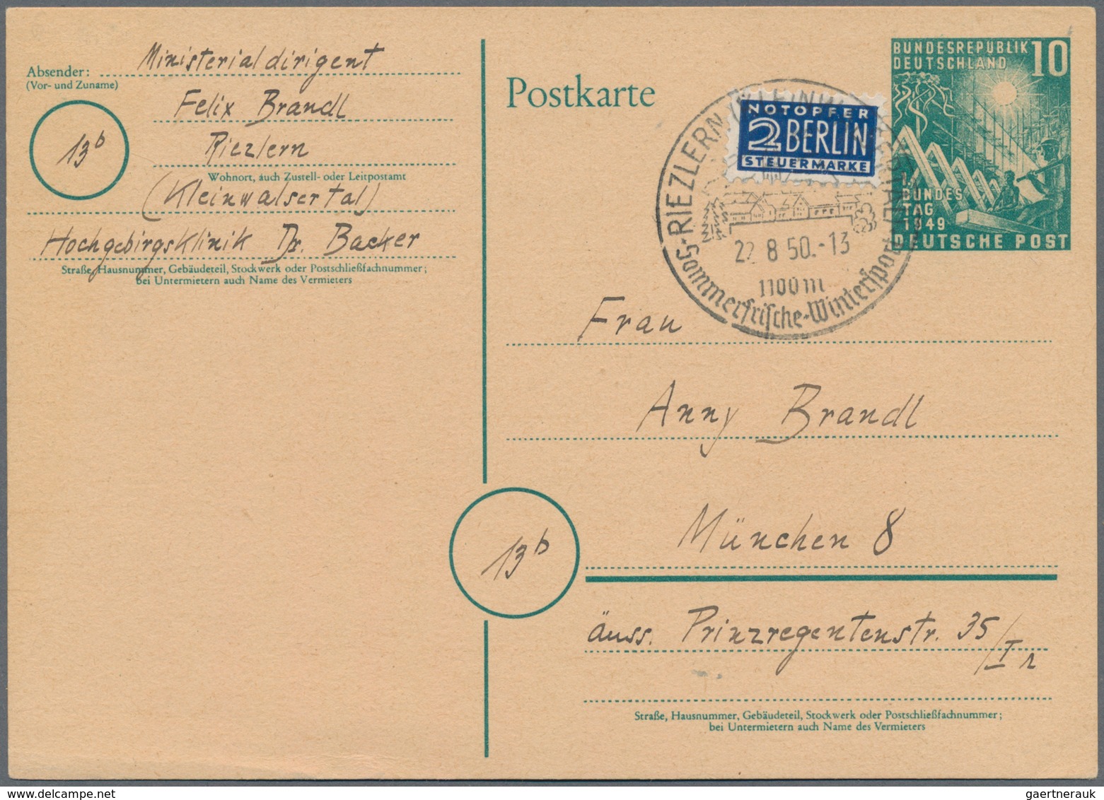 Bundesrepublik - Ganzsachen: 1950, Bedarfs- Und Portogerecht Verwendete Ganzsachenpostkarte Mit 10 P - Other & Unclassified