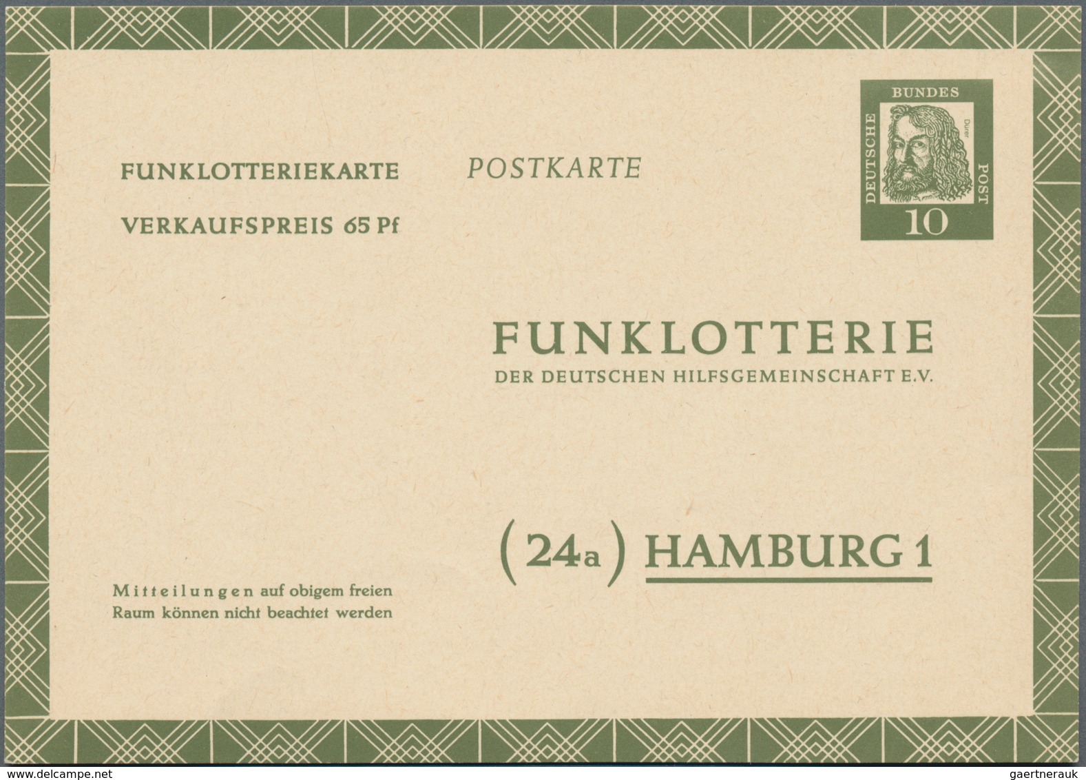 Bundesrepublik - Ganzsachen: 1961, Funklotterie-Postkarte 10 (65 Pf) Dürer, Ohne Fl.-Beidruck, Ungeb - Sonstige & Ohne Zuordnung