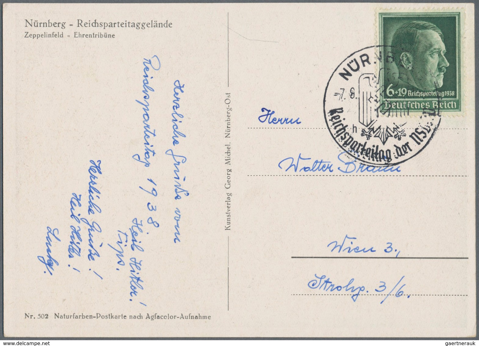Ansichtskarten: Propaganda: 1938, "Nürnberg Reichsparteitagsgelände Zeppelinfeld Ehrentribüne", Groß - Political Parties & Elections