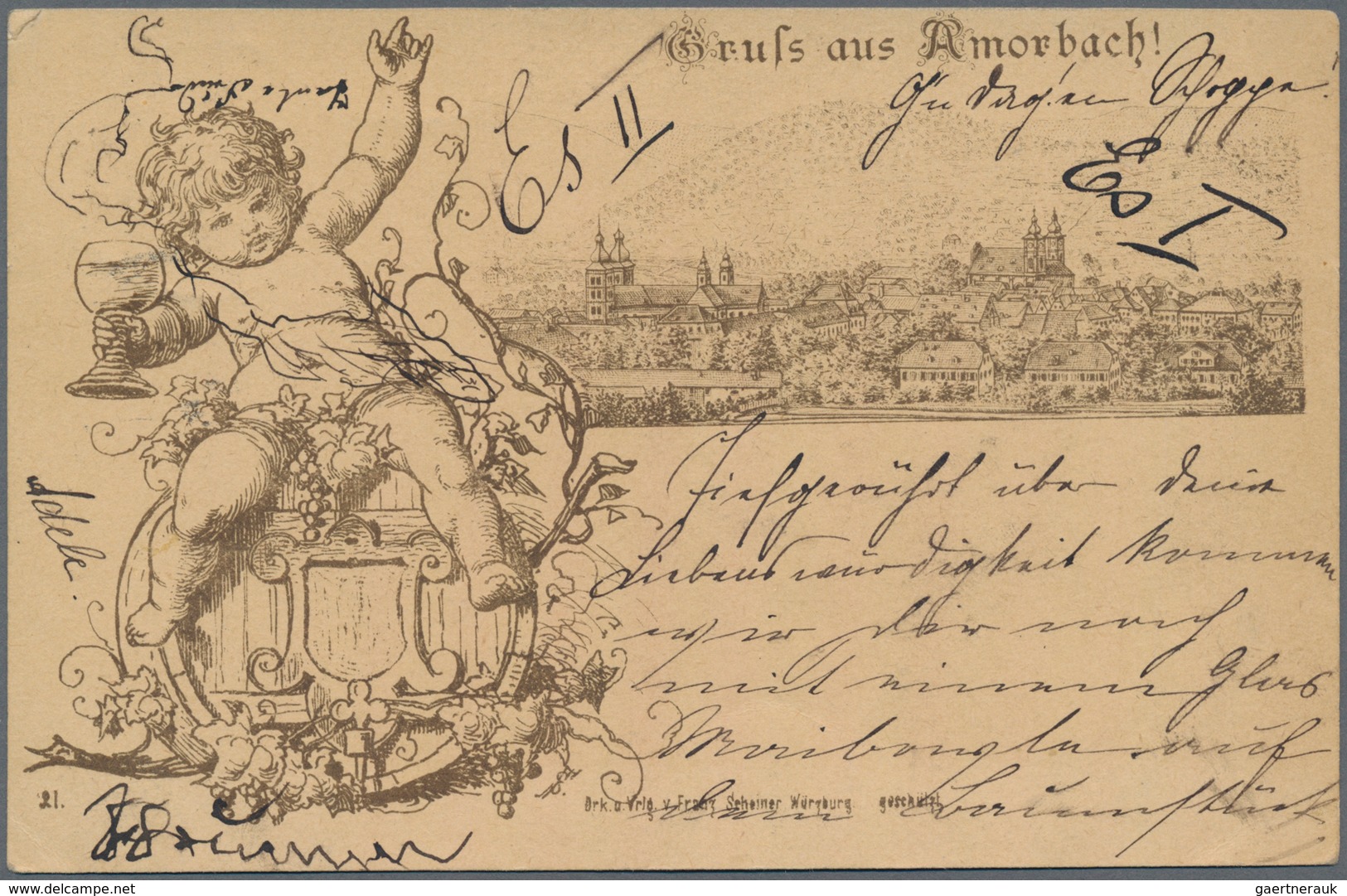 Ansichtskarten: Vorläufer: 1884. Scheiner-Karte #21 "Gruss Aus Amorbach". Karte Gebraucht Ab "Amorba - Ohne Zuordnung